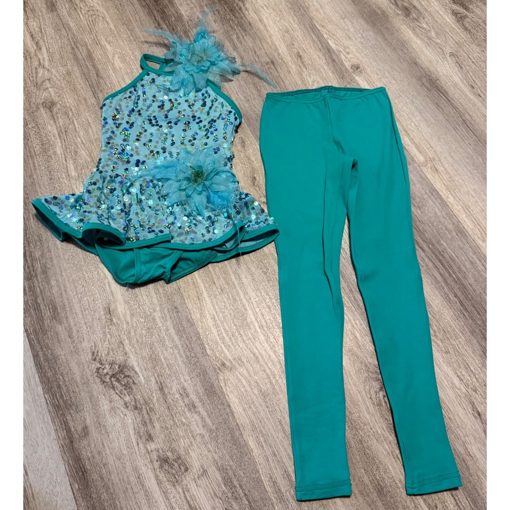 Weissman Teal Sequin Performance Costume Leotard Dance‎ Dress Tights Set XSC